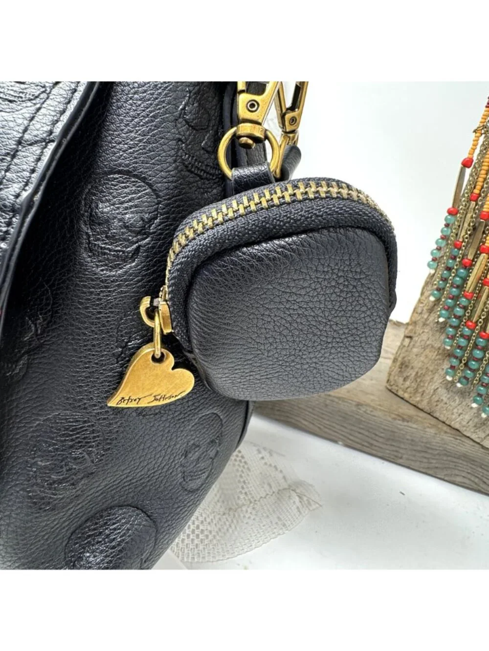 Betsey Johnson Skull Boss Satchel Black Gold Trim Top Handle